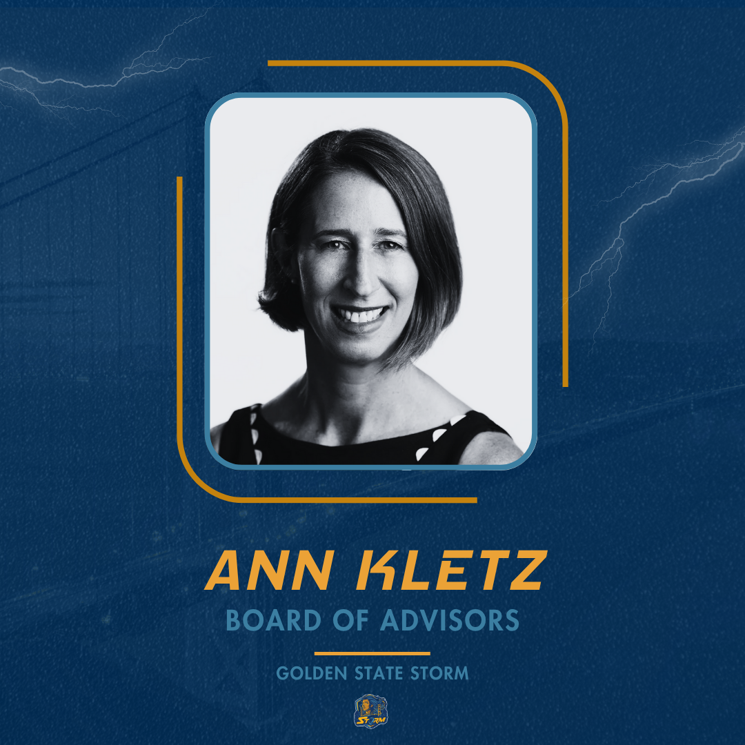 Portrait of a woman with text indicating her role as a board member on a blue background