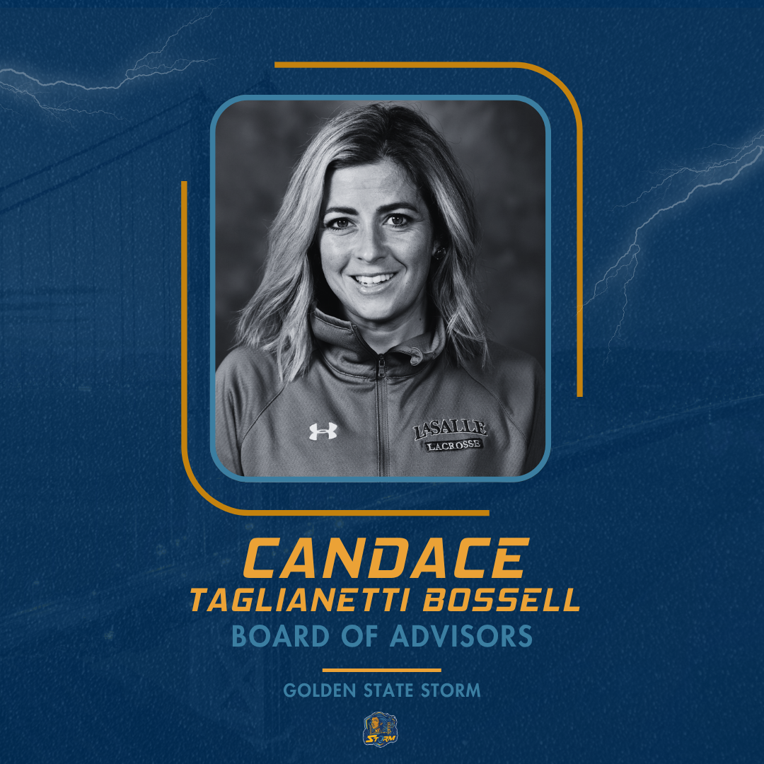 Portrait of a woman with text about her role on the Board of Advisors for Golden State Storm on a blue background.