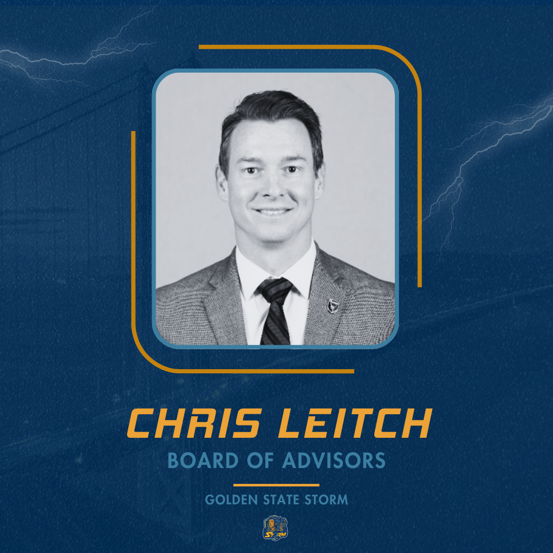 Portrait of a man in a suit with text about Chris Leitch on a blue background