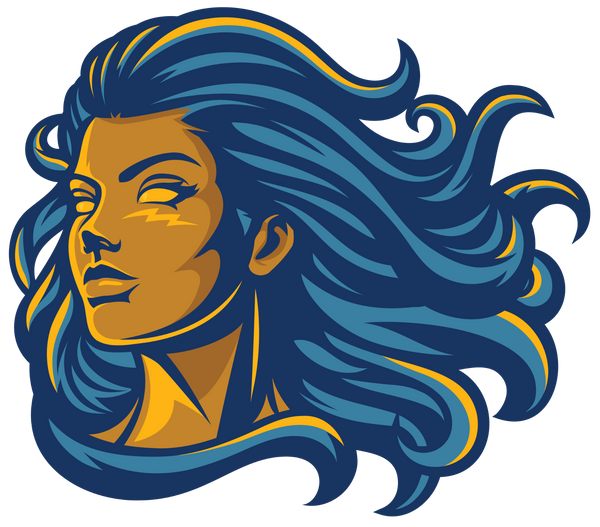 Logo of a woman with lioness features, combining blue and gold colors on a transparent background.