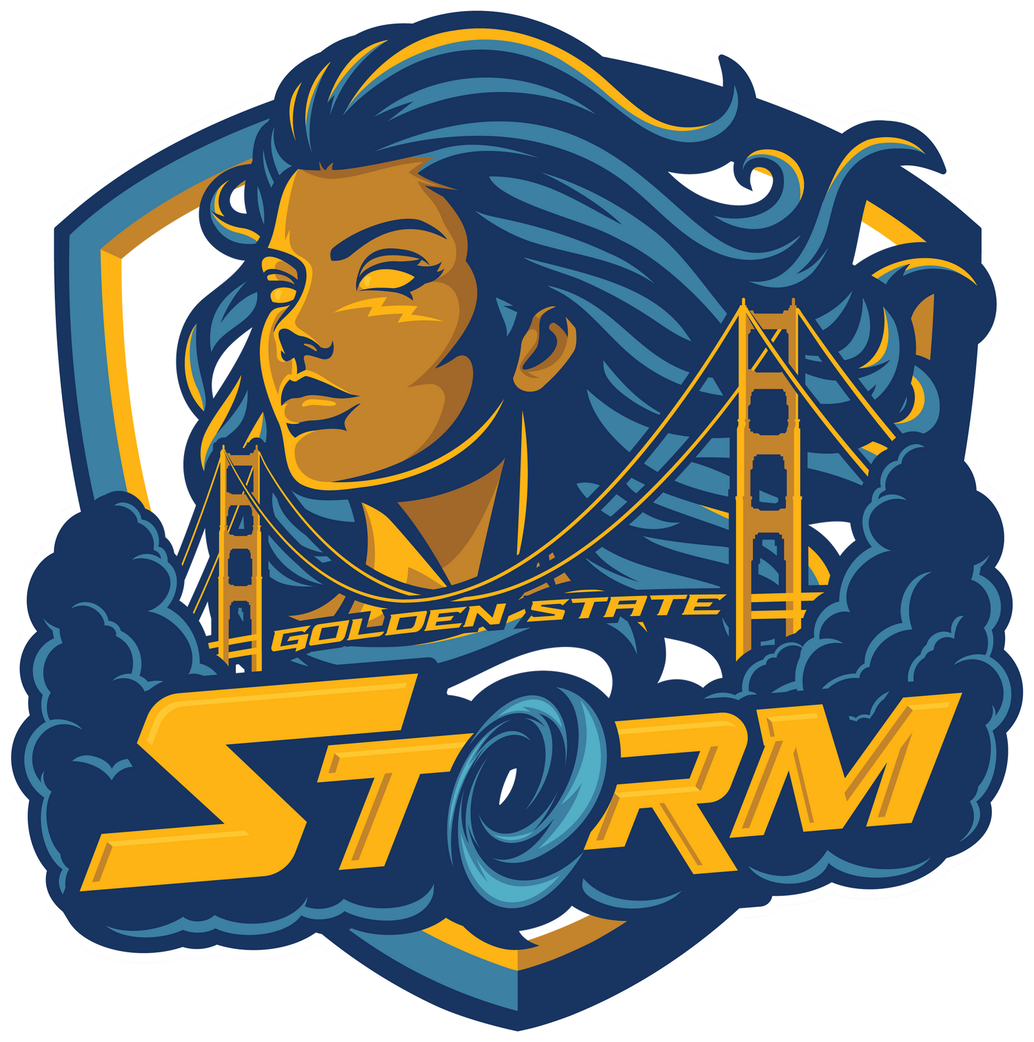 Logo of Golden State Storm with a stylized woman's face and bridge in the background