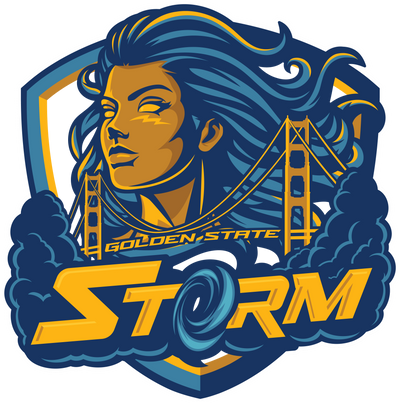 Logo of Golden State Storm with a stylized woman's face and bridge in the background