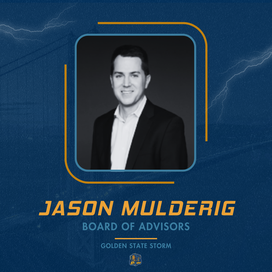 Portrait of a man with text and branding elements on a blue background