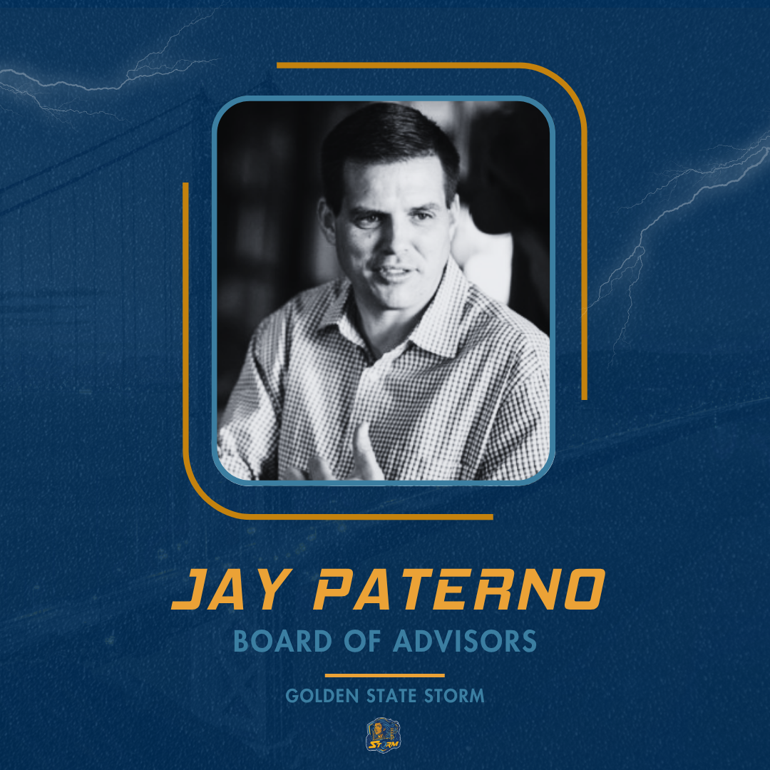 Portrait of a man with text indicating his role as a board member for Golden State Storm on a blue background.
