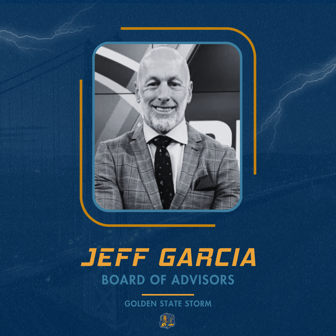 Portrait of a man in a suit with text indicating his role as a board member for Golden State Storm on a blue background.