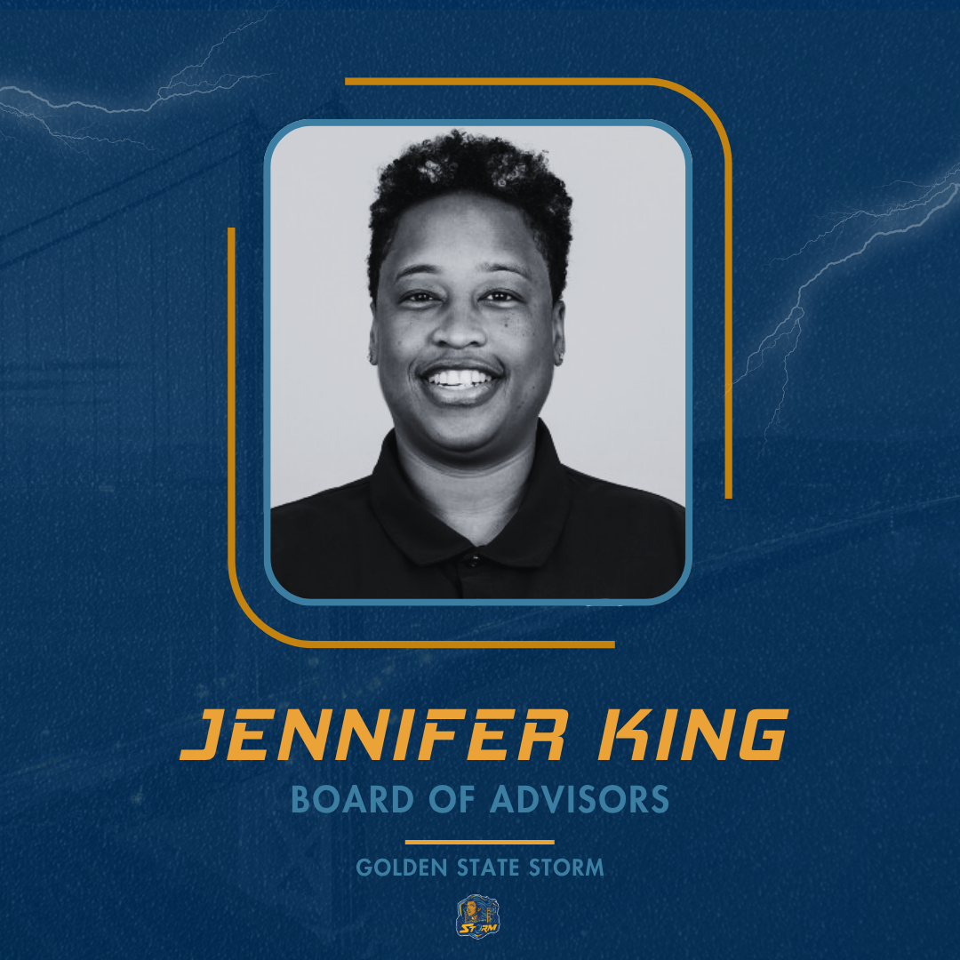 Portrait of a woman with text indicating her role as a board member on a blue background