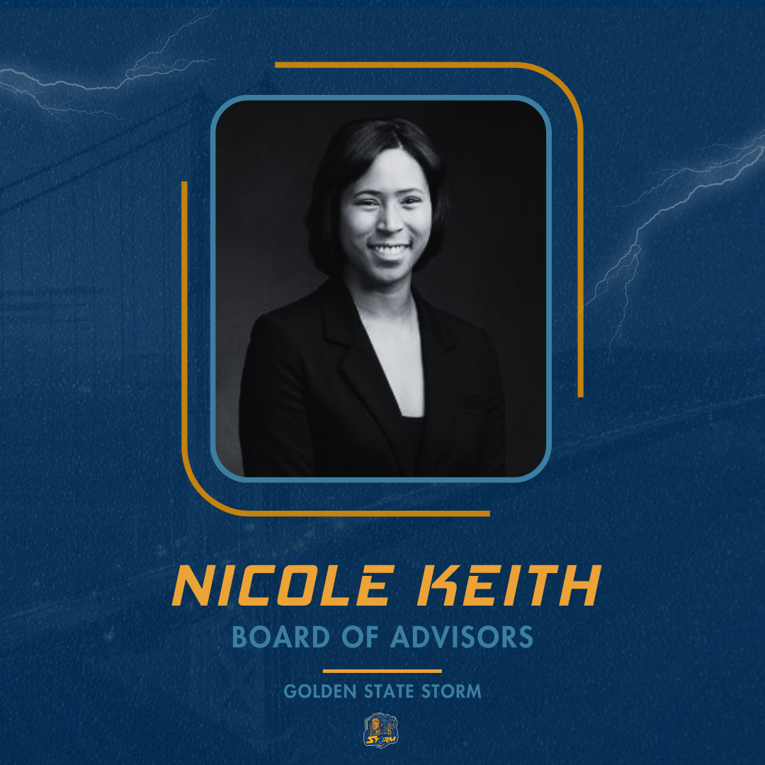 Portrait of a woman with text indicating her role as a board member on a blue background