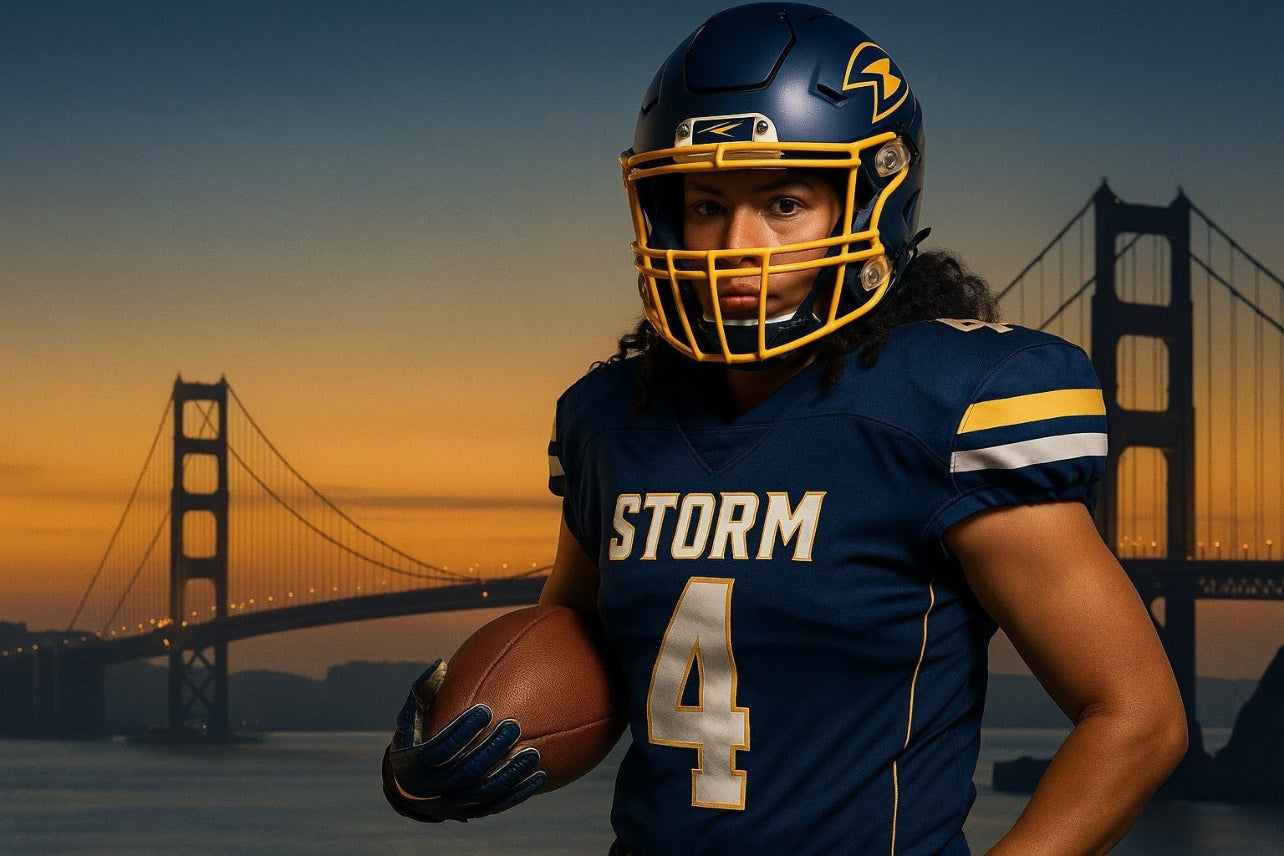 Woman in a football uniform with 'STORM' and number '4' against a sunset bridge backdrop