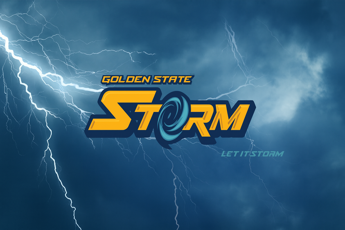 Golden State Storm logo with lightning effects on a dark blue background
